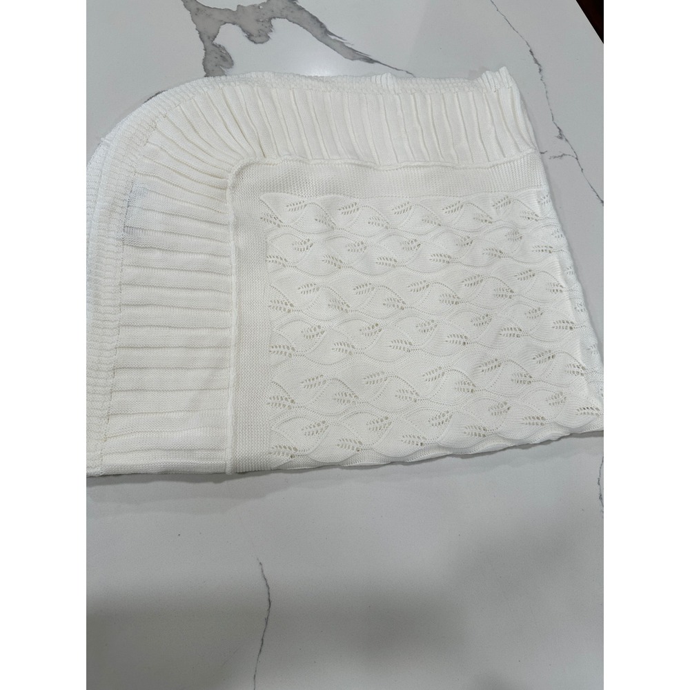 Elegant Baby White Pointelle Leaf Knit Blanket Ribbed Border Acrylic